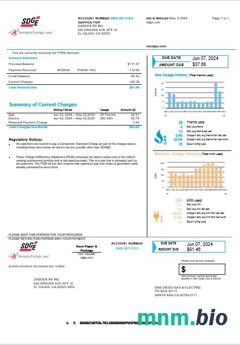Usa California San Diego Gas & Electric (SDG&E) rachunek za usługi komunalne szablon w formacie Word i PDF